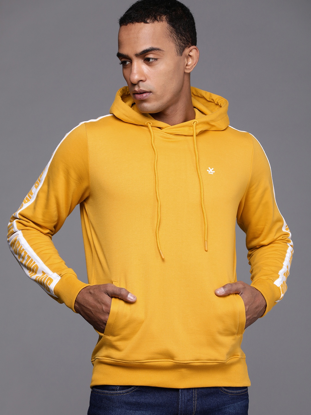 

WROGN Men Mustard Yellow Side Printed Hooded Pullover Sweatshirt