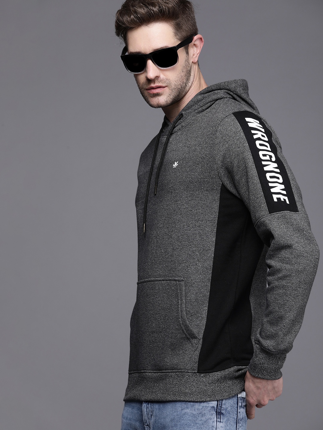 

WROGN Men Grey & Black Hooded Sweatshirt