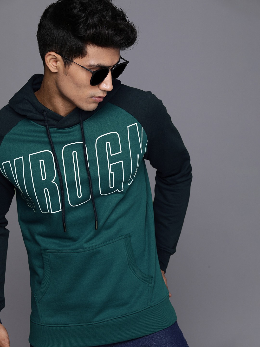 

WROGN Men Teal Green Brand Logo Printed Hooded Contrast Sleeve Sweatshirt