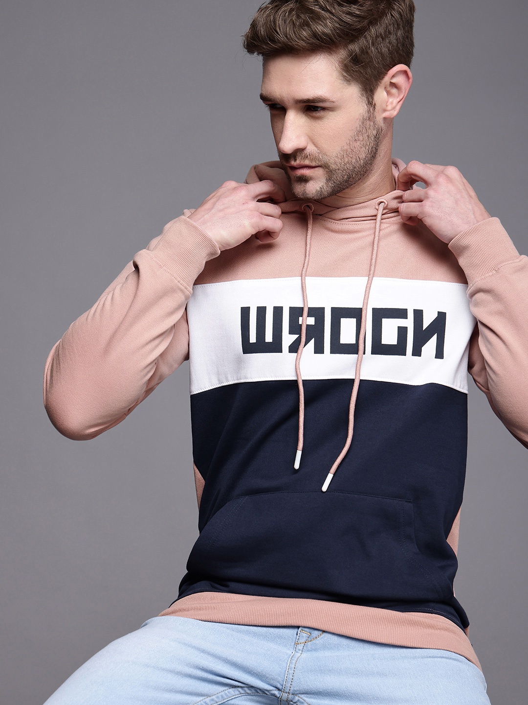 

WROGN Men Pink & Navy Blue Colourblocked Hooded Sweatshirt