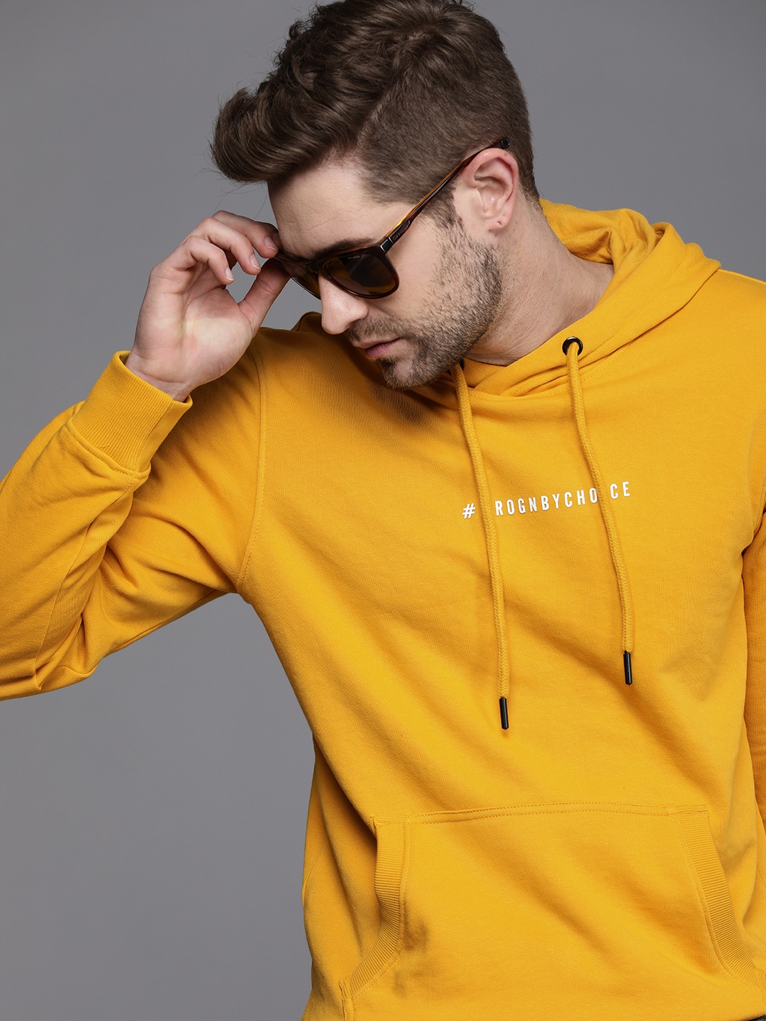 

WROGN Men Mustard Yellow & White Printed Hooded Sweatshirt