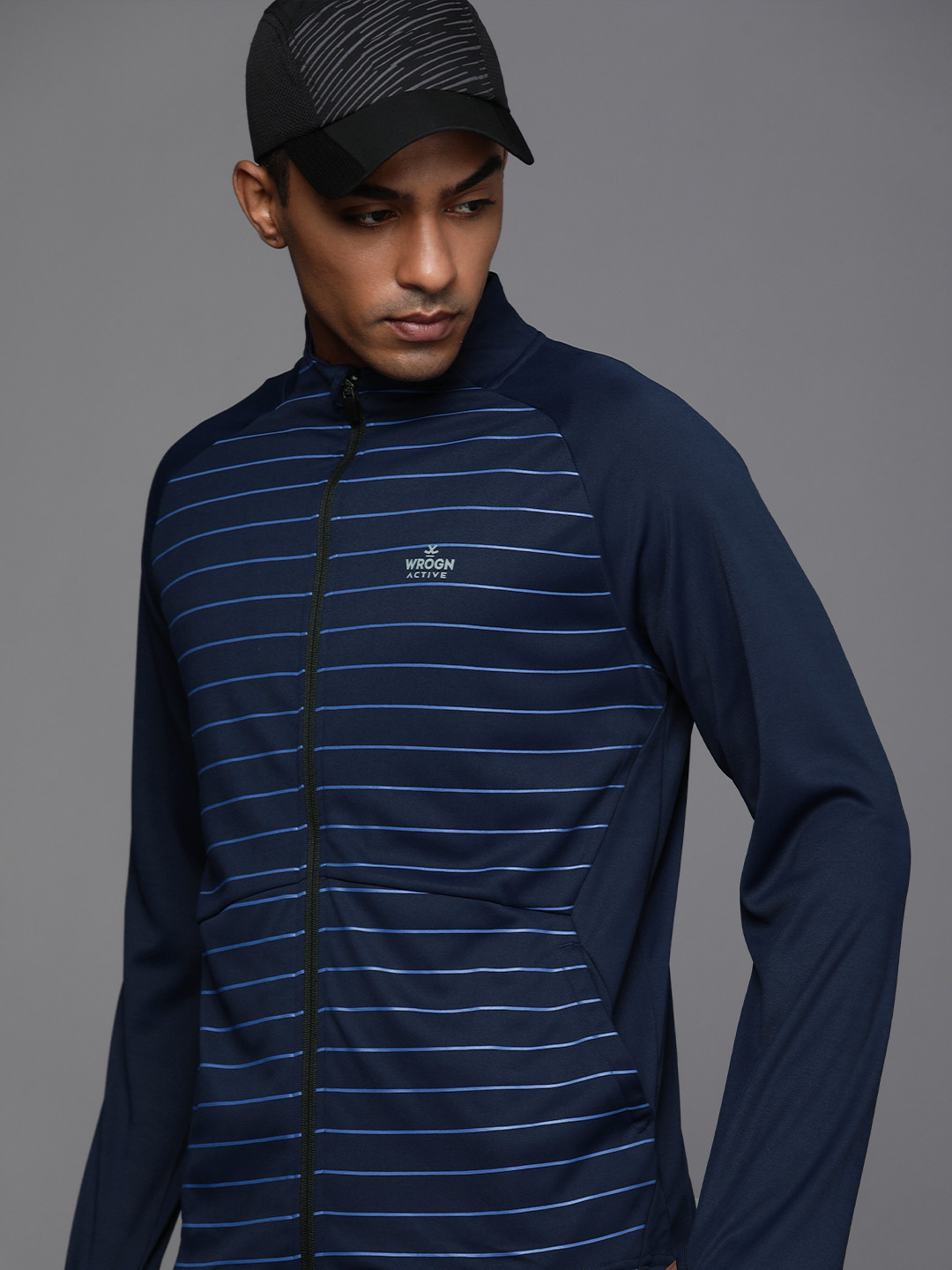 

WROGN ACTIVE Men Navy Blue Striped Sweatshirt