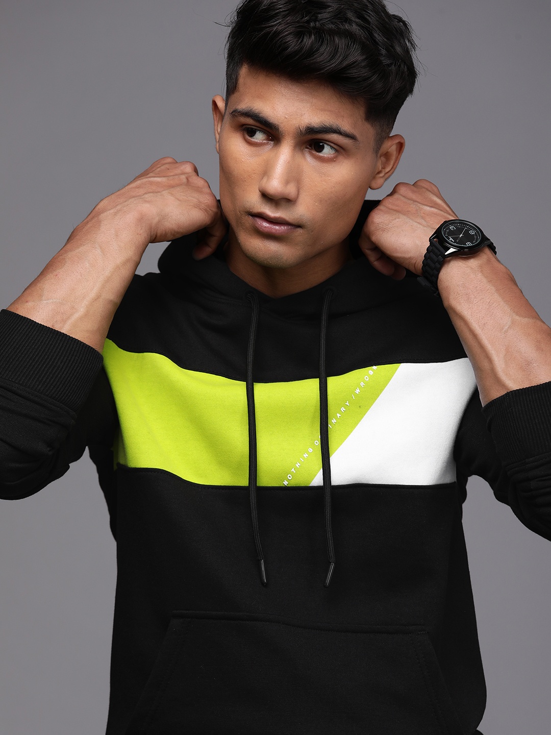 

WROGN Men Black & Green Colourblocked Hooded Sweatshirt