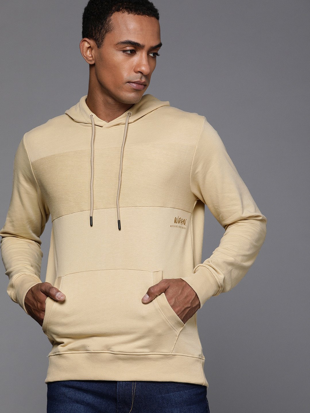 

WROGN Men Beige Self Design Detail Hooded Pullover Sweatshirt