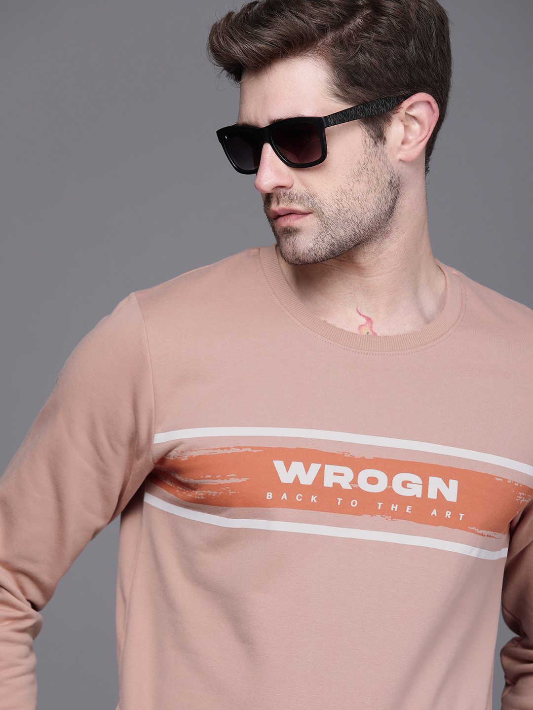 

WROGN Men Peach-Coloured Logo Printed Sweatshirt