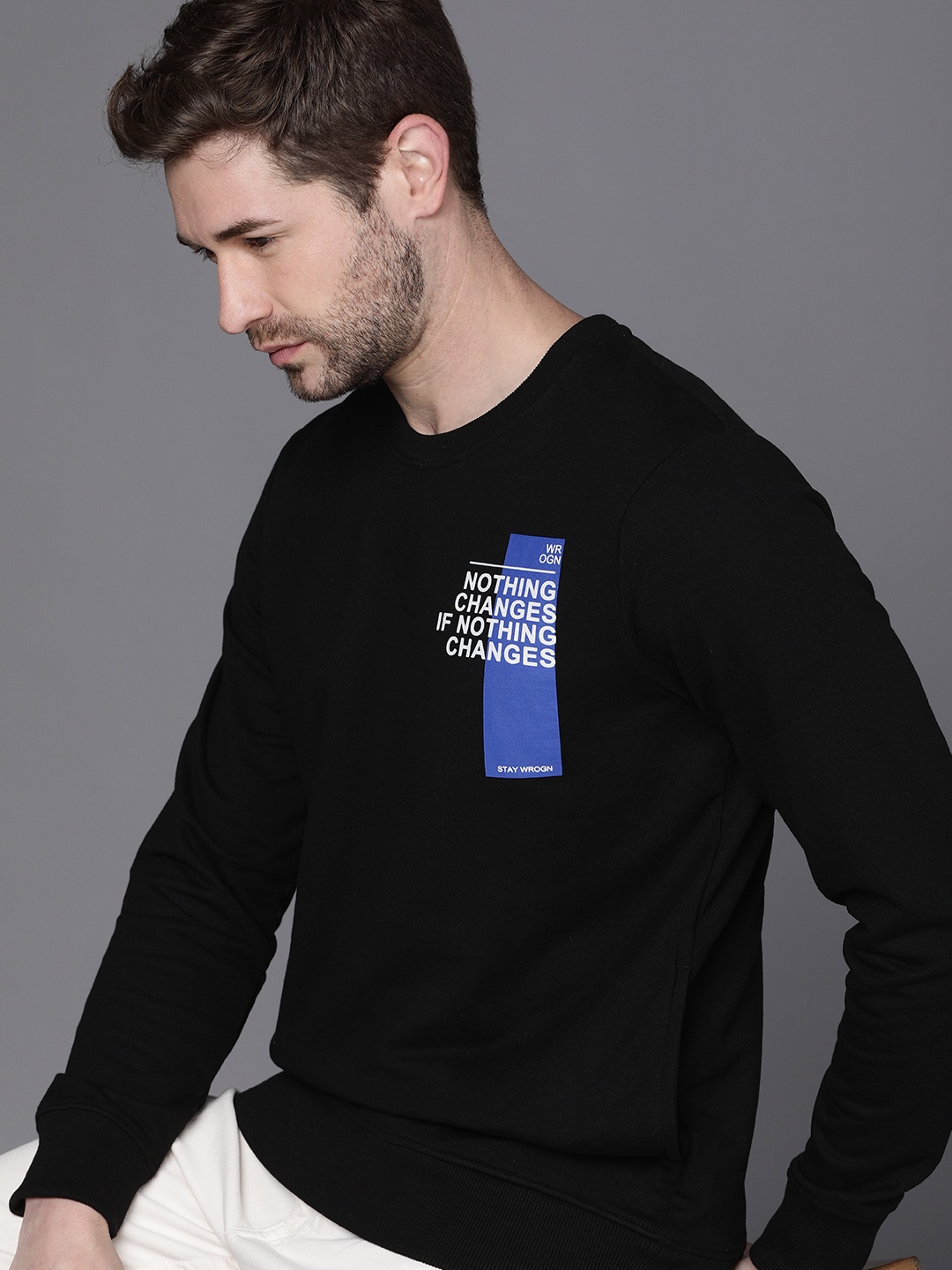 

WROGN Men Black & White Printed Sweatshirt
