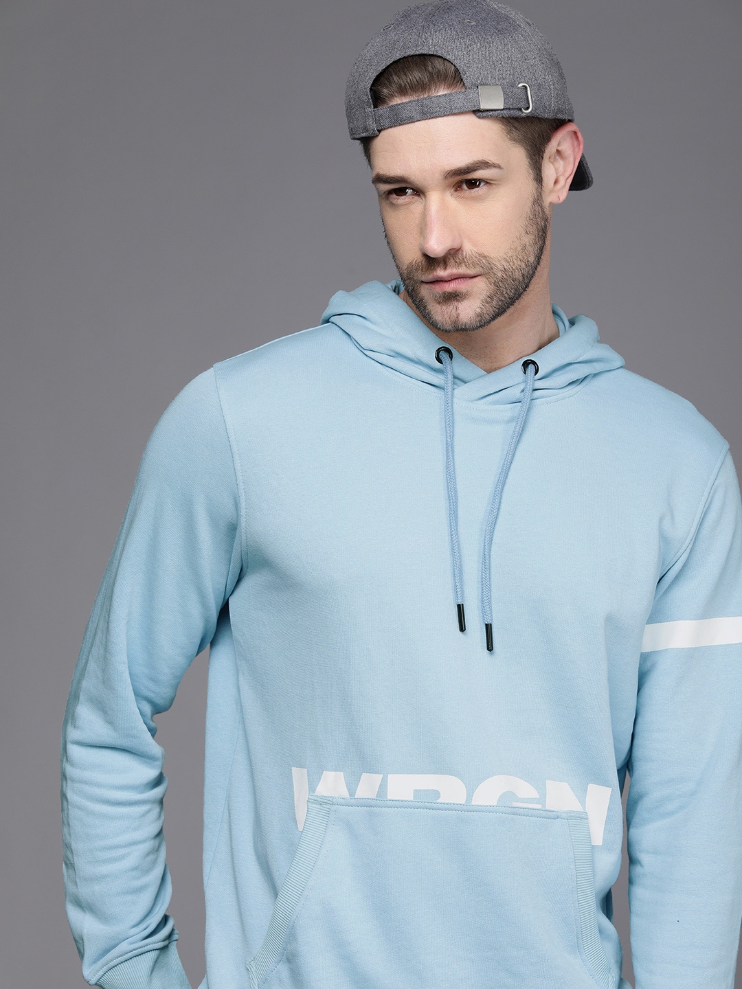 

WROGN Men Blue Brand Logo Printed Hooded Sweatshirt