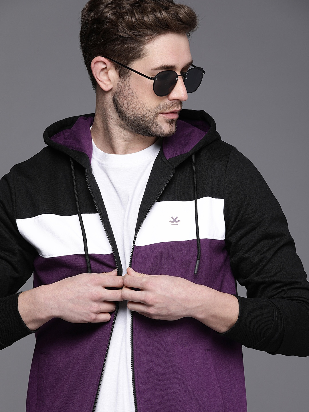 

WROGN Men Black & Purple Colourblocked Hooded Sweatshirt