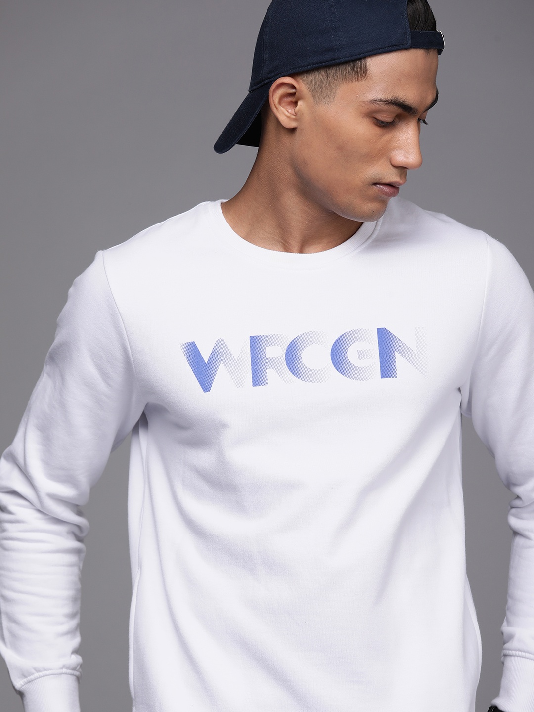 

WROGN Men Off White Brand Logo Printed Round Neck Sweatshirt