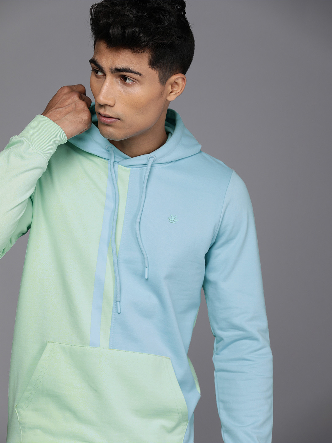 

WROGN Men Green & Blue Colourblocked Hooded Sweatshirt