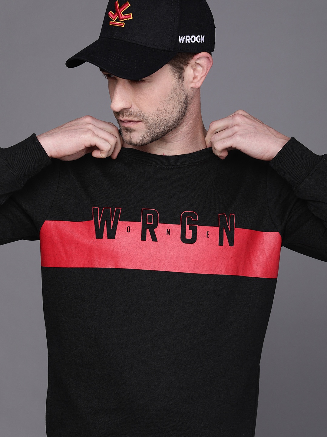 

WROGN Men Black Logo Printed Round-Neck Pullover Sweatshirt