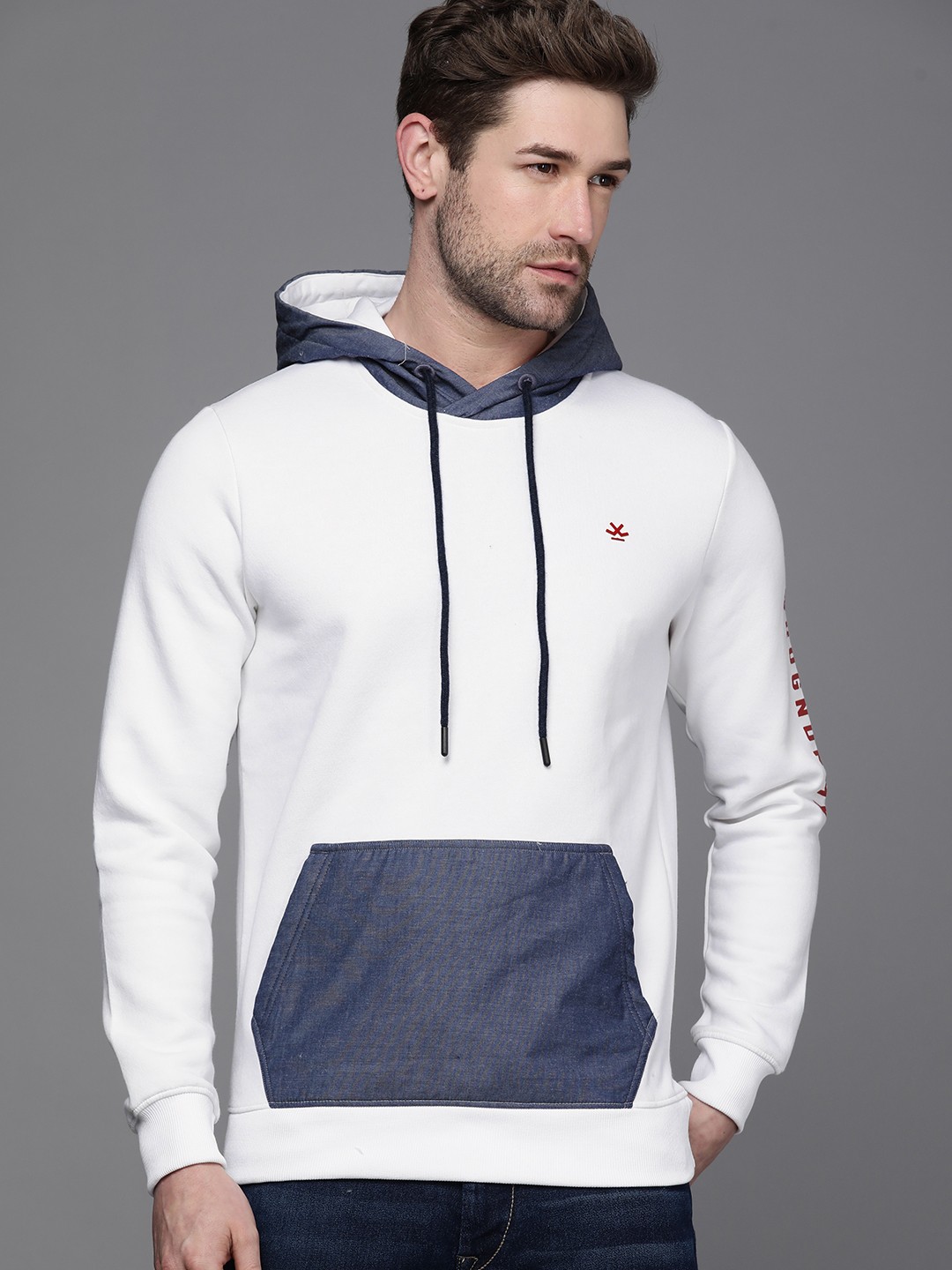 

WROGN Men White & Blue Colourblocked Hooded Sweatshirt