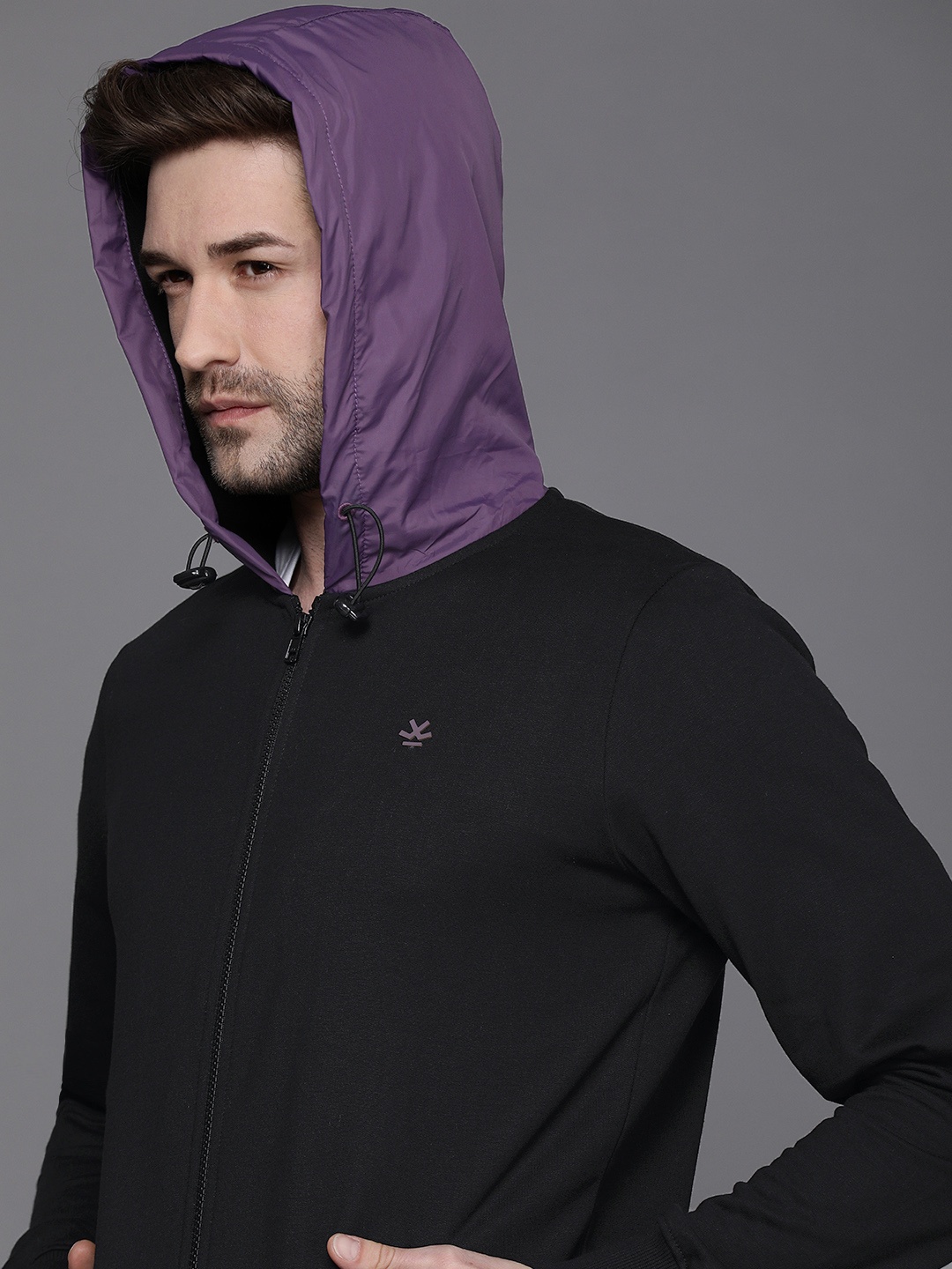 

WROGN Men Black Contrast Hood Front-Open Sweatshirt