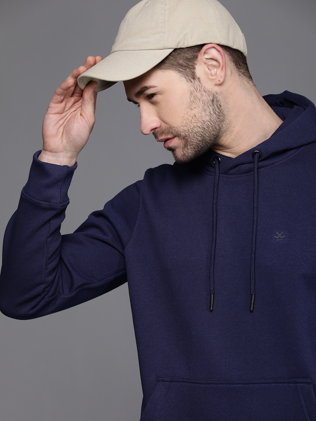 

WROGN Men Navy Blue Solid Hooded Sweatshirt