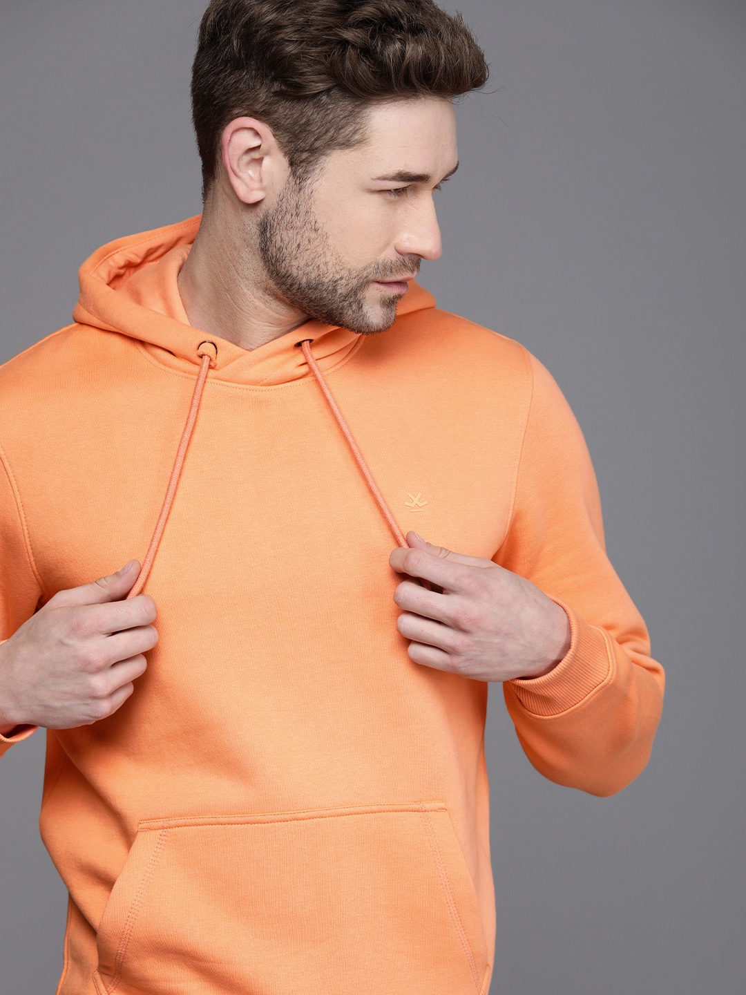 

WROGN Men Orange Solid Hooded Sweatshirt