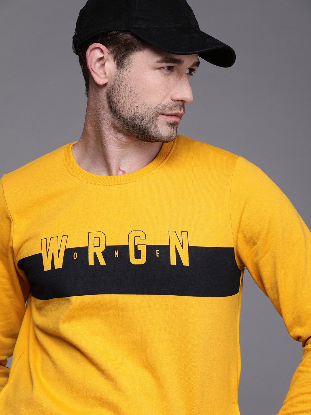 

WROGN Men Mustard Yellow Logo Printed Round-Neck Pullover Sweatshirt