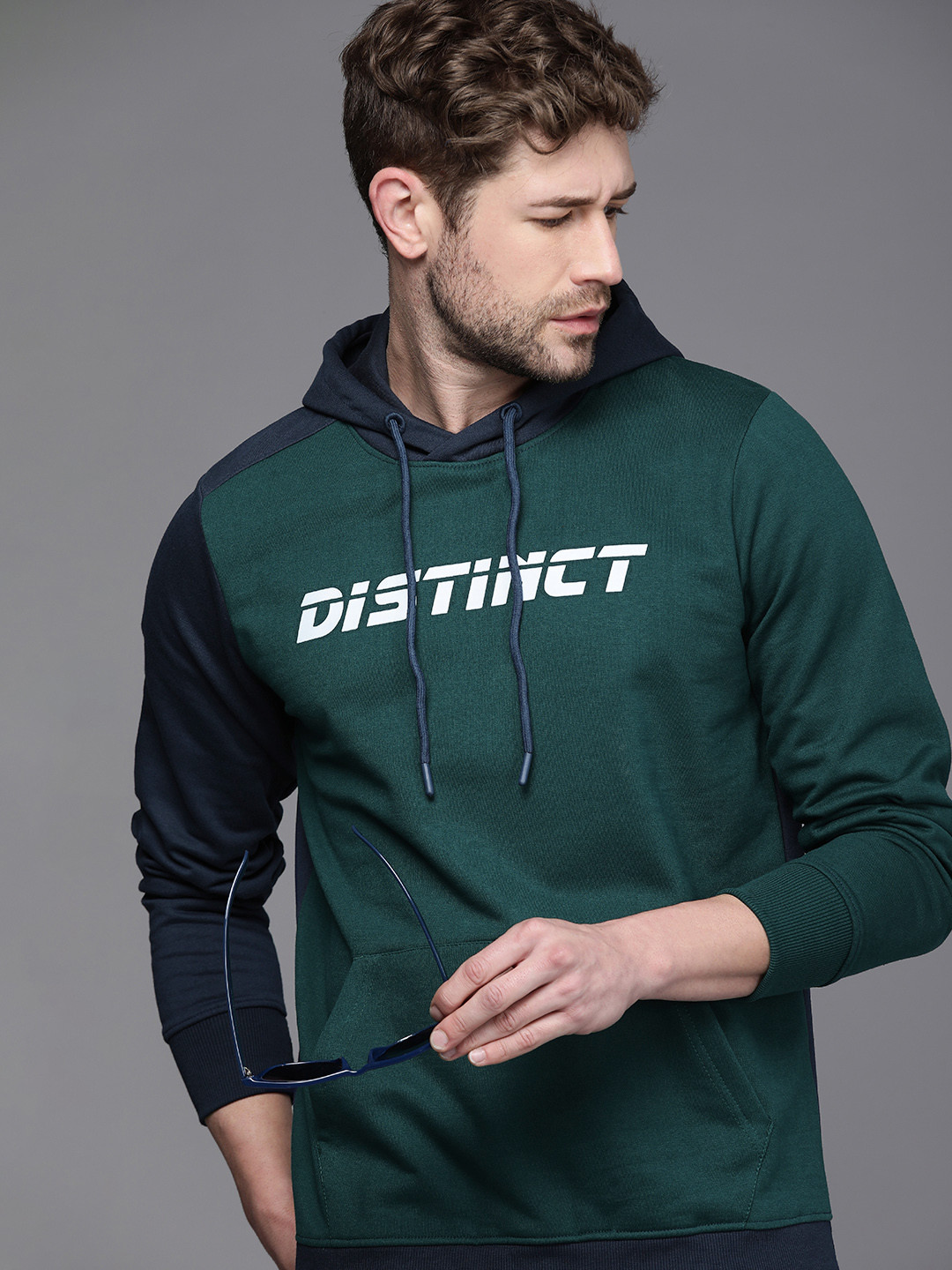 

WROGN Men Teal Green & Navy Blue Printed Hooded Sweatshirt