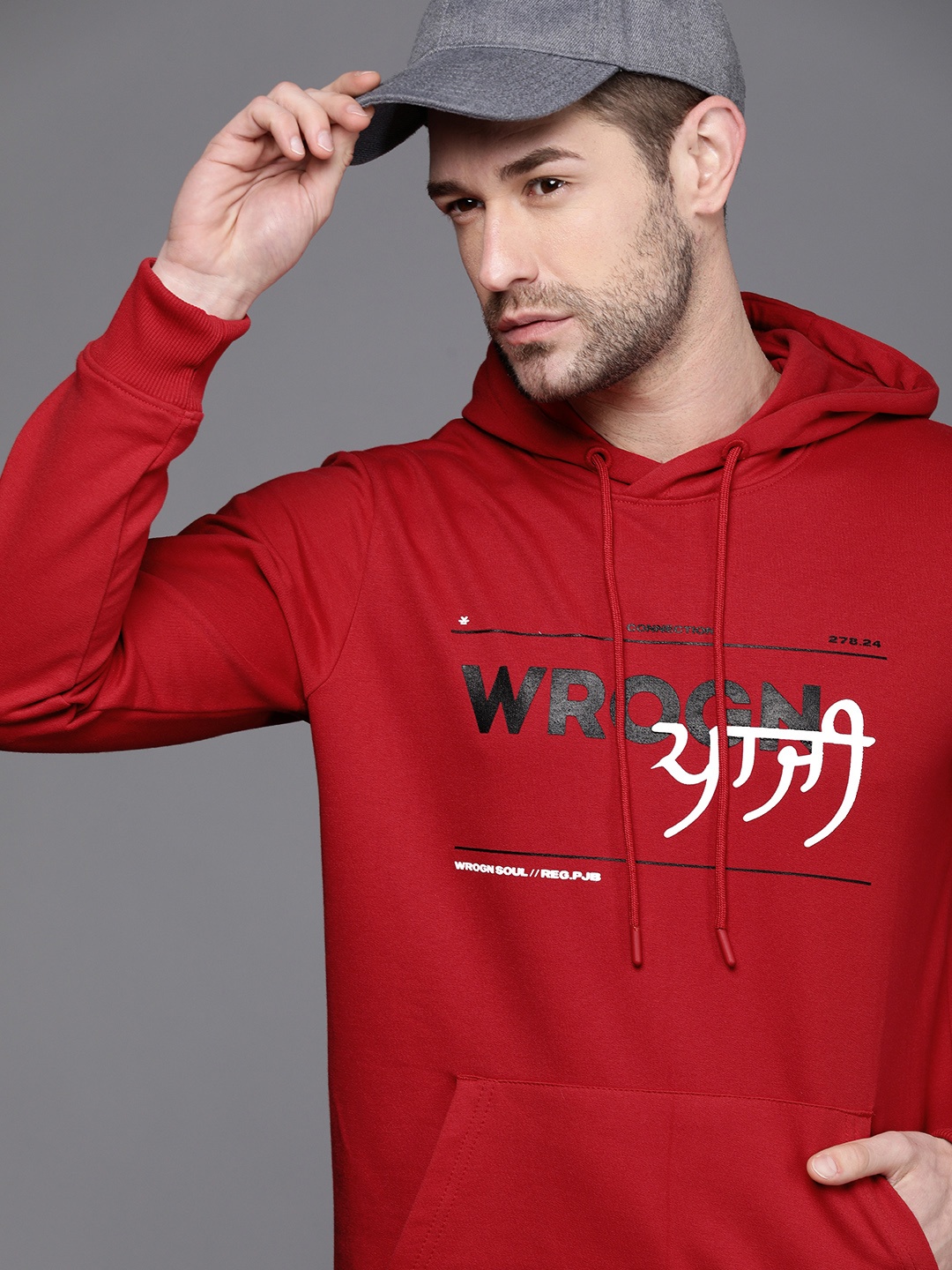 

WROGN Men Red & Black Printed Hooded Sweatshirt