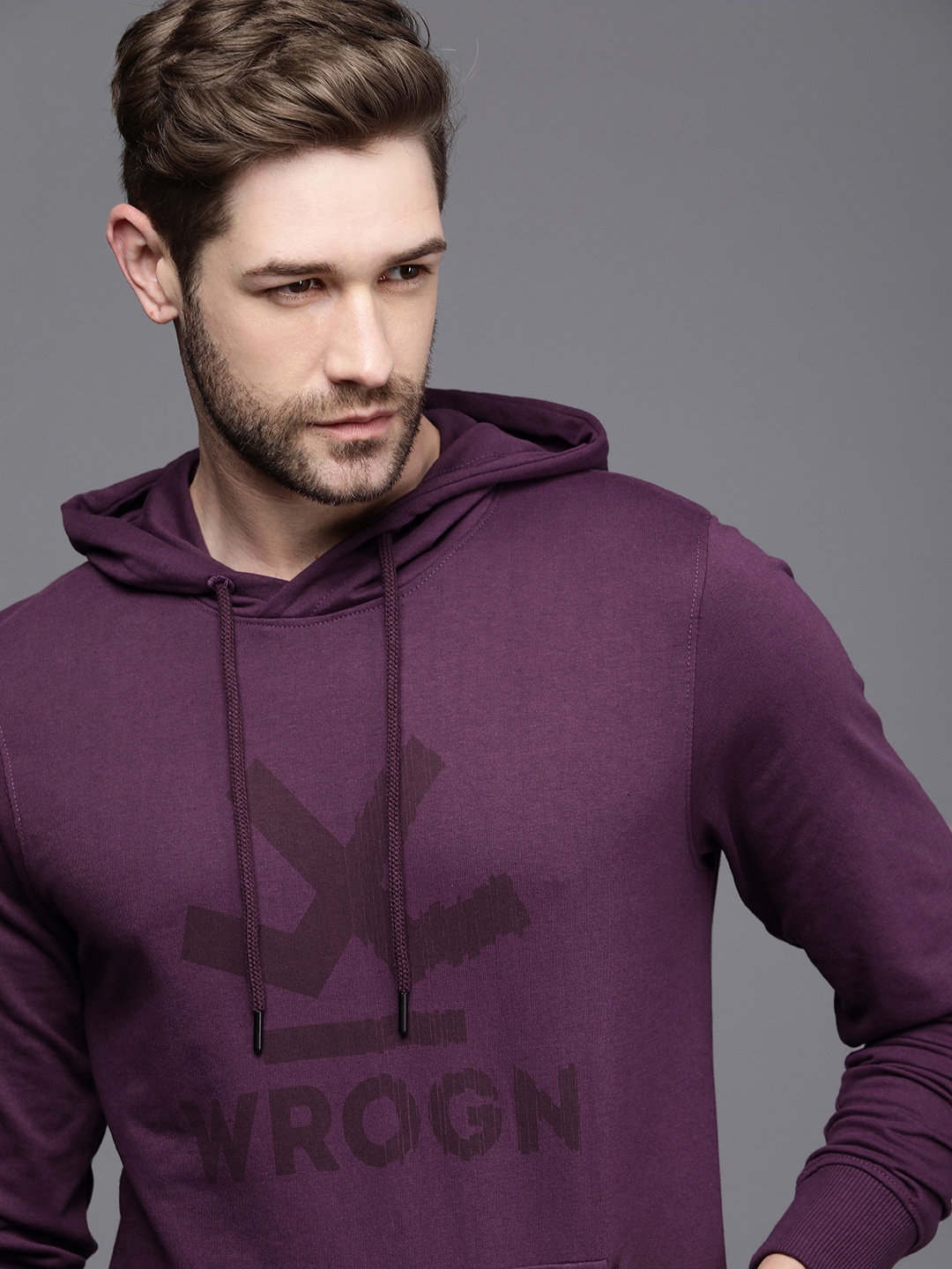 

WROGN Men Purple Printed Slim Fit Hooded Sweatshirt