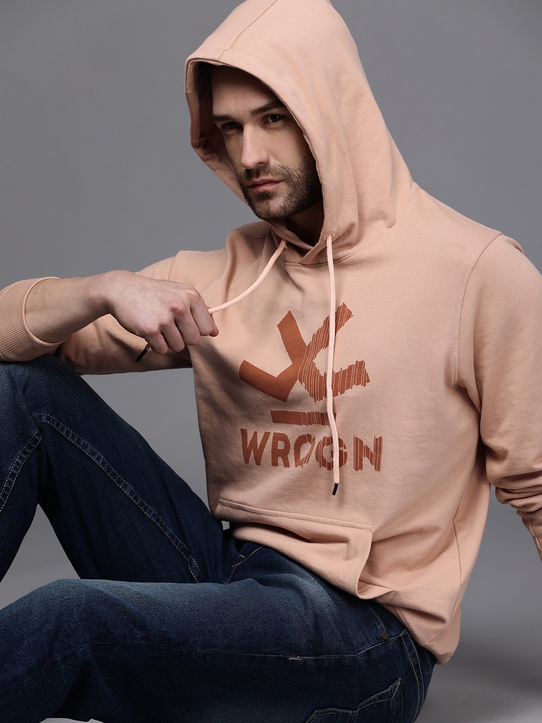 

WROGN Men Cream-Coloured & Brown Brand Logo Printed Hooded Sweatshirt