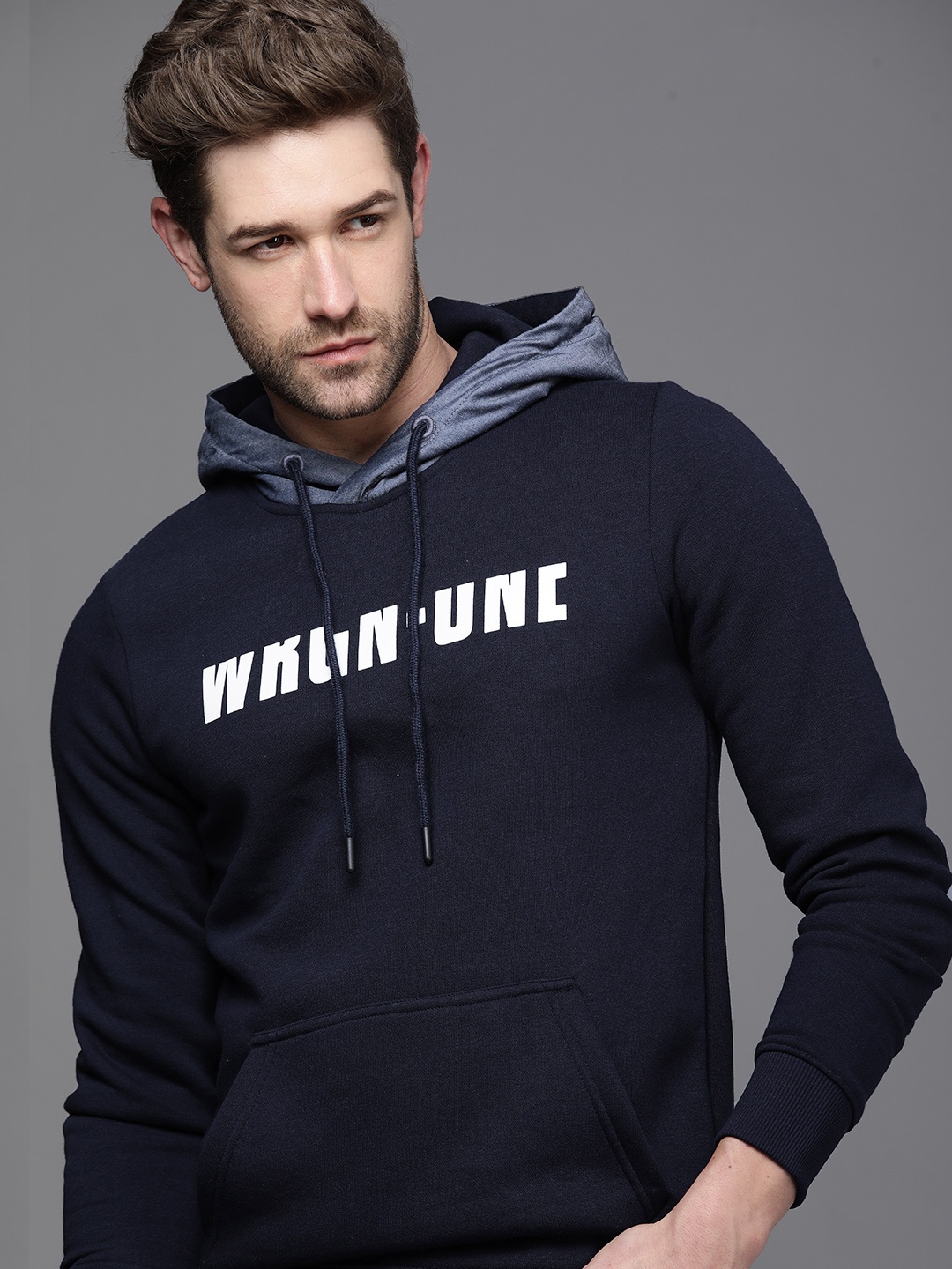 

WROGN Men Navy Blue & White Printed Hooded Sweatshirt