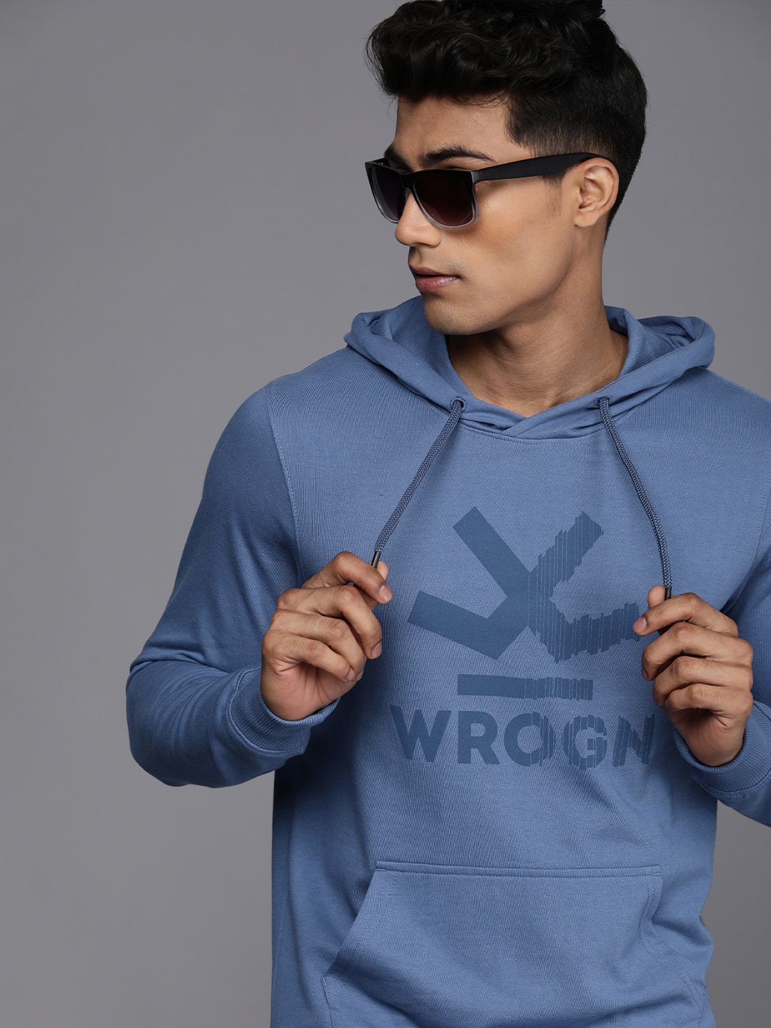 

WROGN Men Blue Printed Hooded Sweatshirt