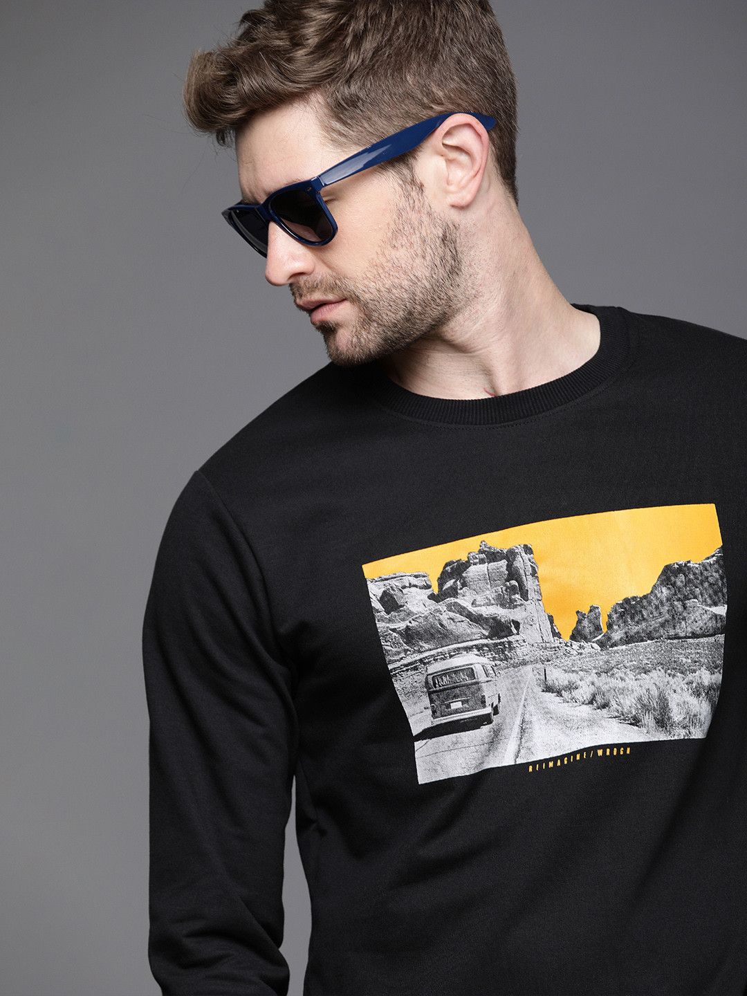 

WROGN Men Black Graphic Printed Round-Neck Pullover Sweatshirt