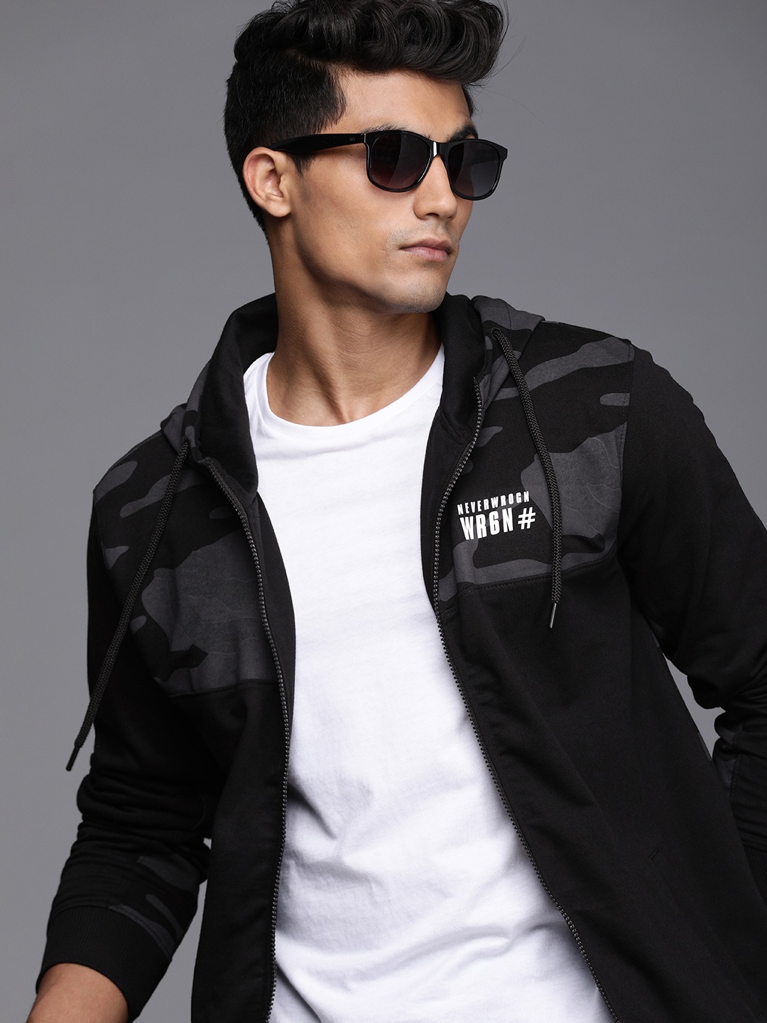 

WROGN Men Black Printed Hooded Sweatshirt