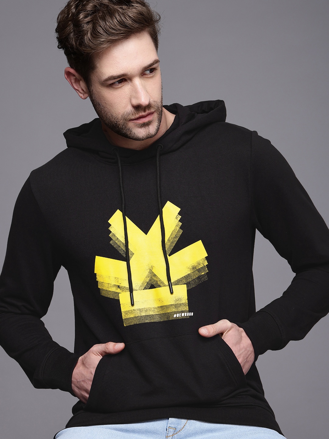 

WROGN Men Black Printed Hooded Sweatshirt