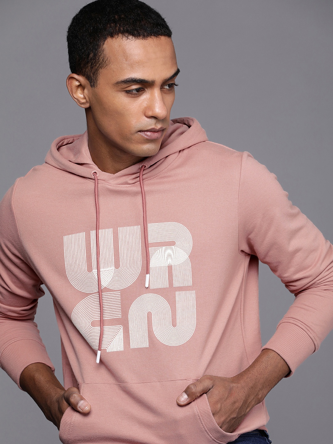 

WROGN Men Pink Printed Hooded Pullover Sweatshirt