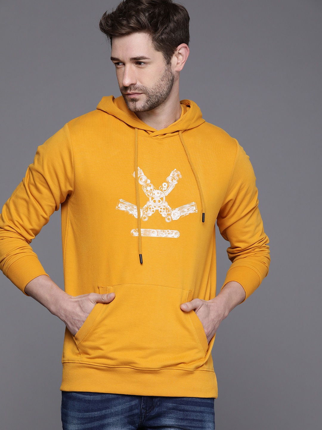 

WROGN Men Mustard Yellow Brand Logo Printed Hooded Pullover Sweatshirt