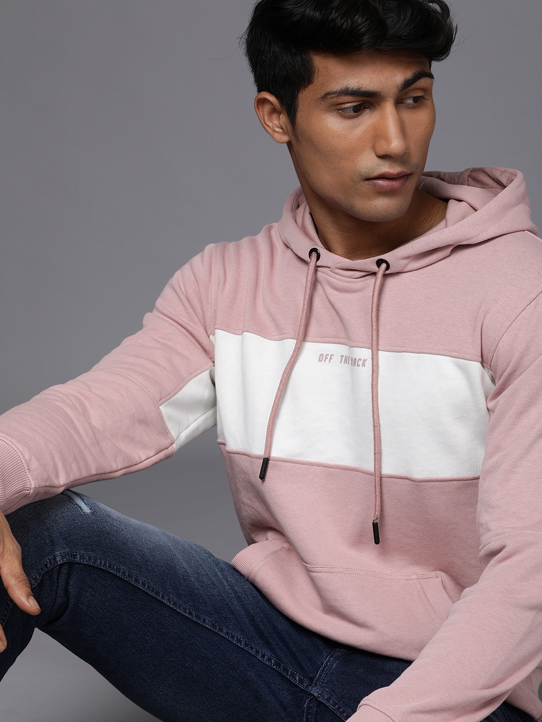 

WROGN Men Pink & White Colourblocked Hooded Sweatshirt