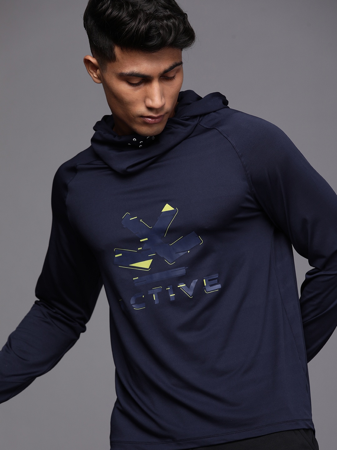 

WROGN ACTIVE Men Navy Blue Brand Logo Printed Hooded Sweatshirt with Built-In Mask