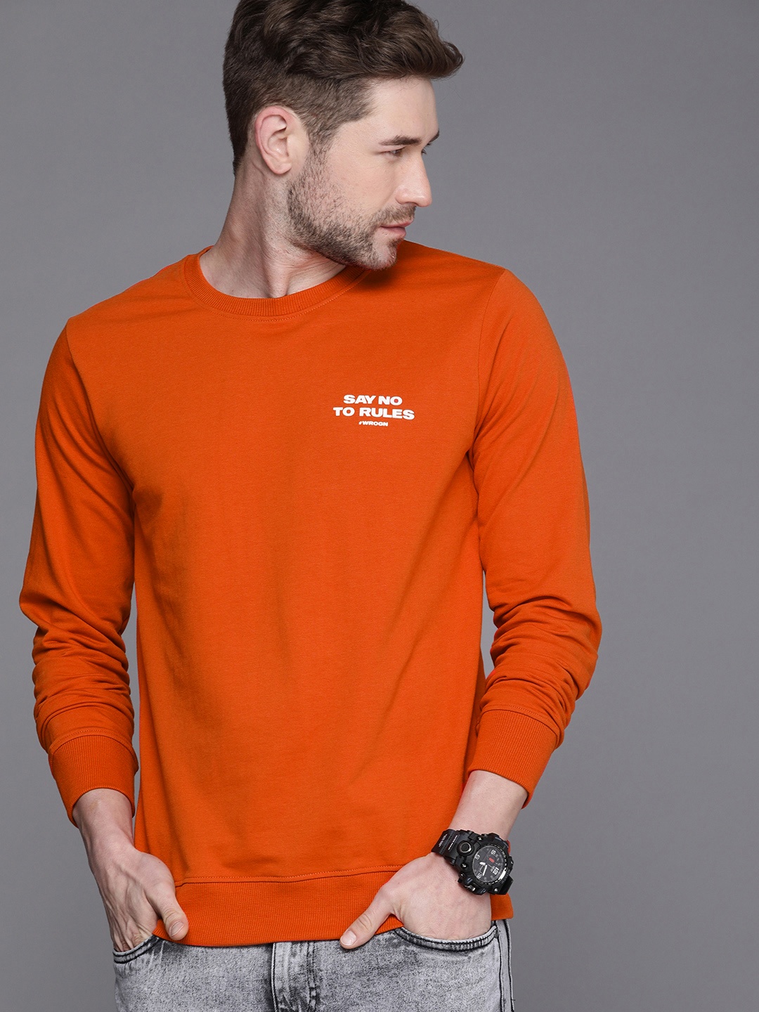 

WROGN Men Rust Orange Printed Detail Pullover Sweatshirt