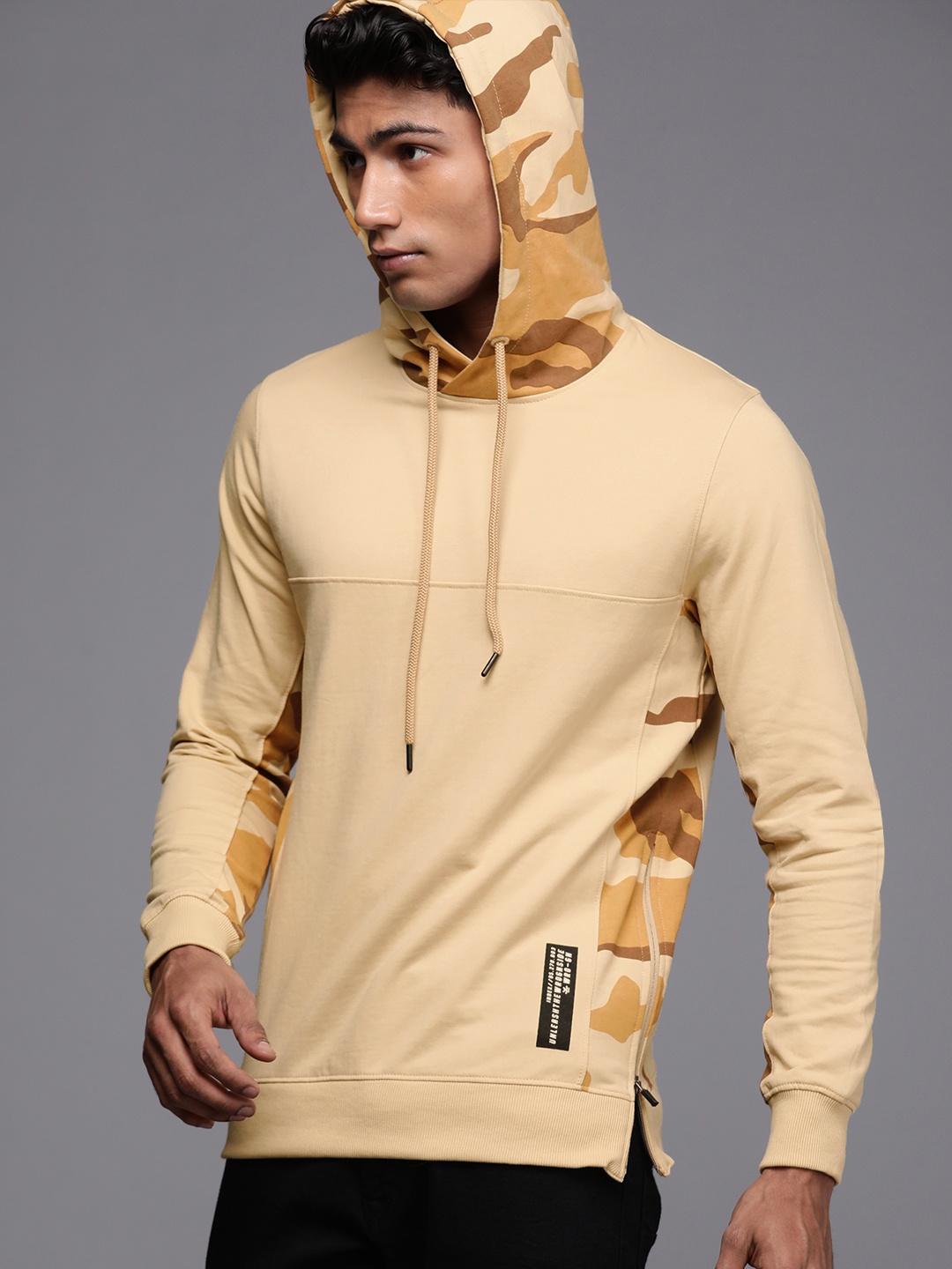 

WROGN Men Beige Camouflage Printed Hooded Sweatshirt
