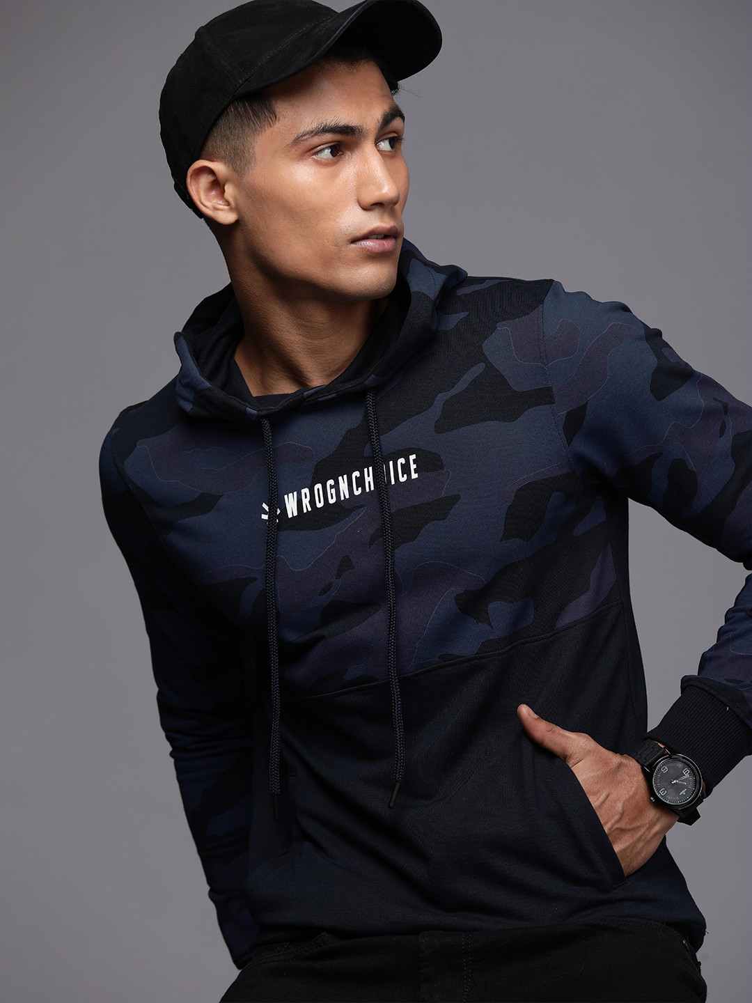 

WROGN Men Black & Navy Blue Camouflage Printed Hooded Sweatshirt