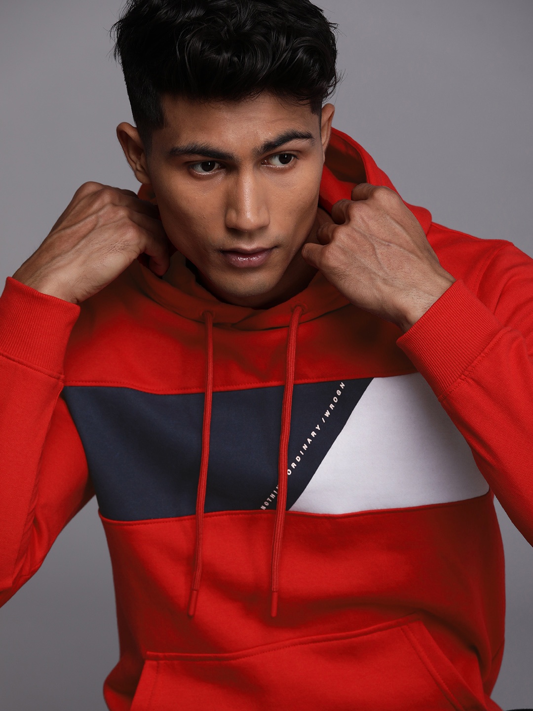 

WROGN Men Red & Navy Blue Colourblocked Hooded Sweatshirt