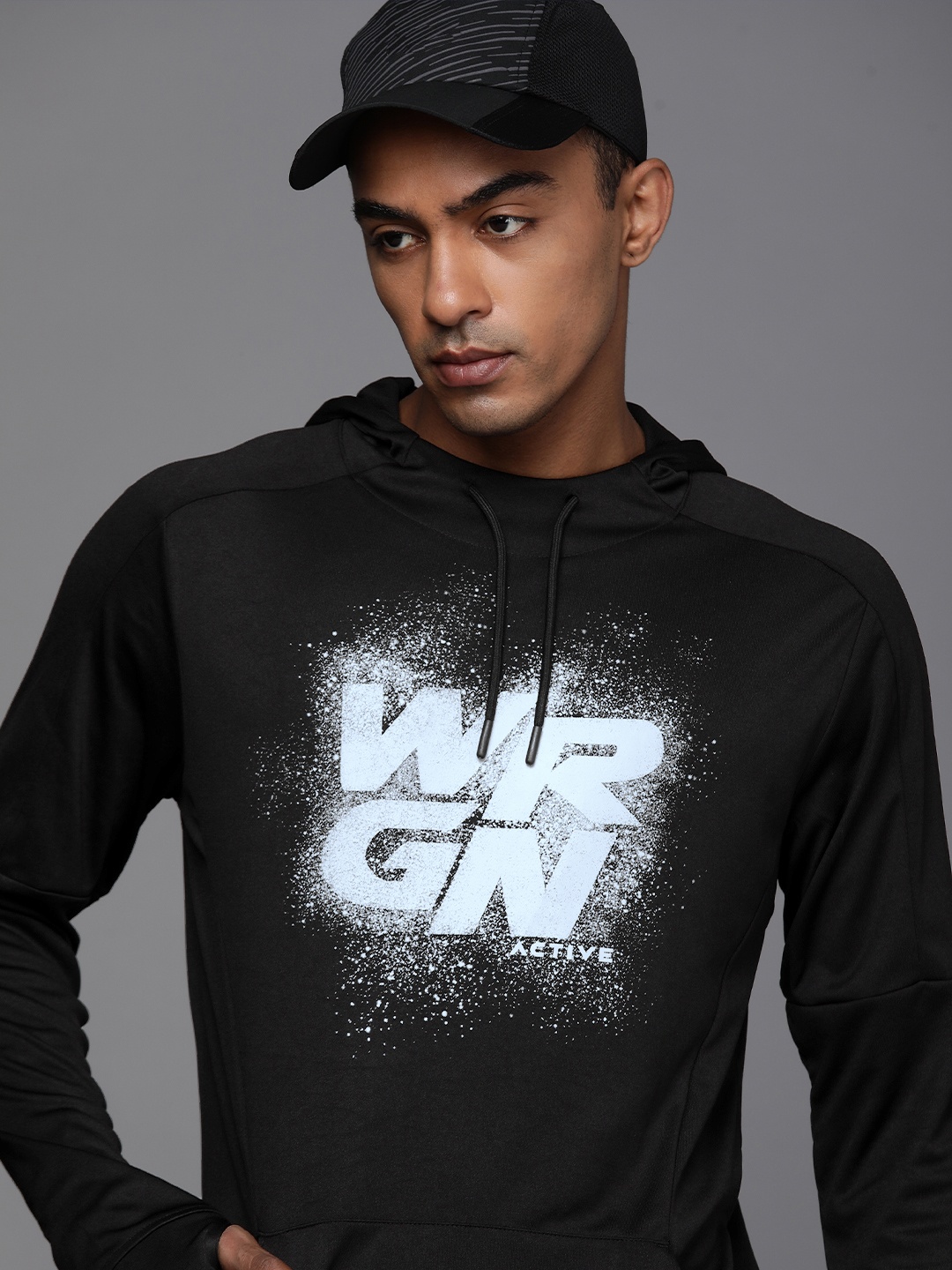 

WROGN ACTIVE Men Black & White Printed Hooded Sweatshirt
