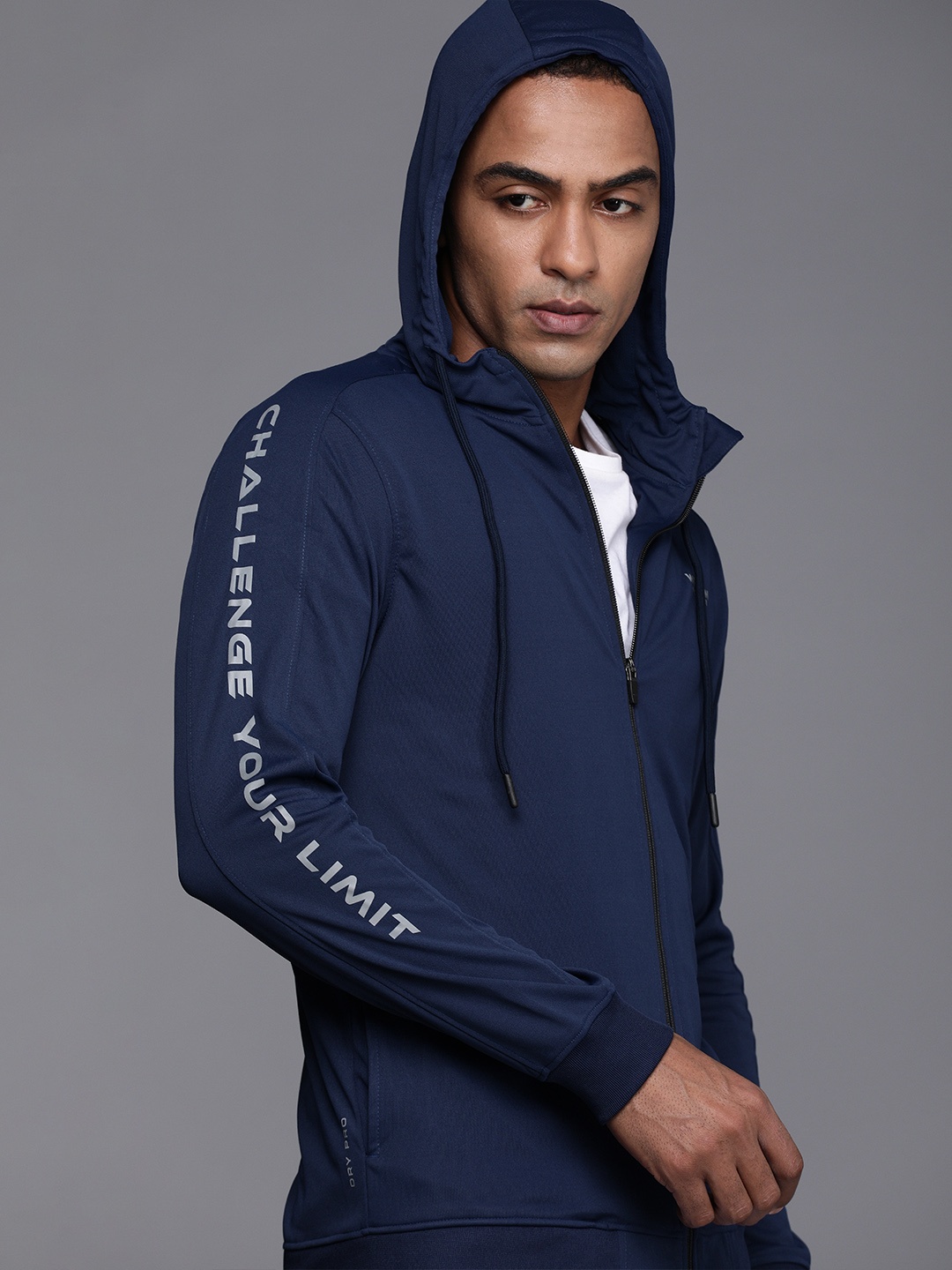 

WROGN ACTIVE Men Blue Solid Front Open Hooded Sweatshirt