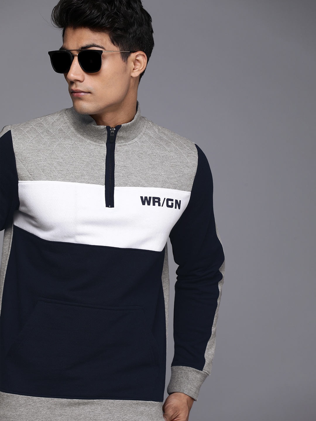 

WROGN Men Grey Melange & Navy Blue Colourblocked Sweatshirt with Logo Print