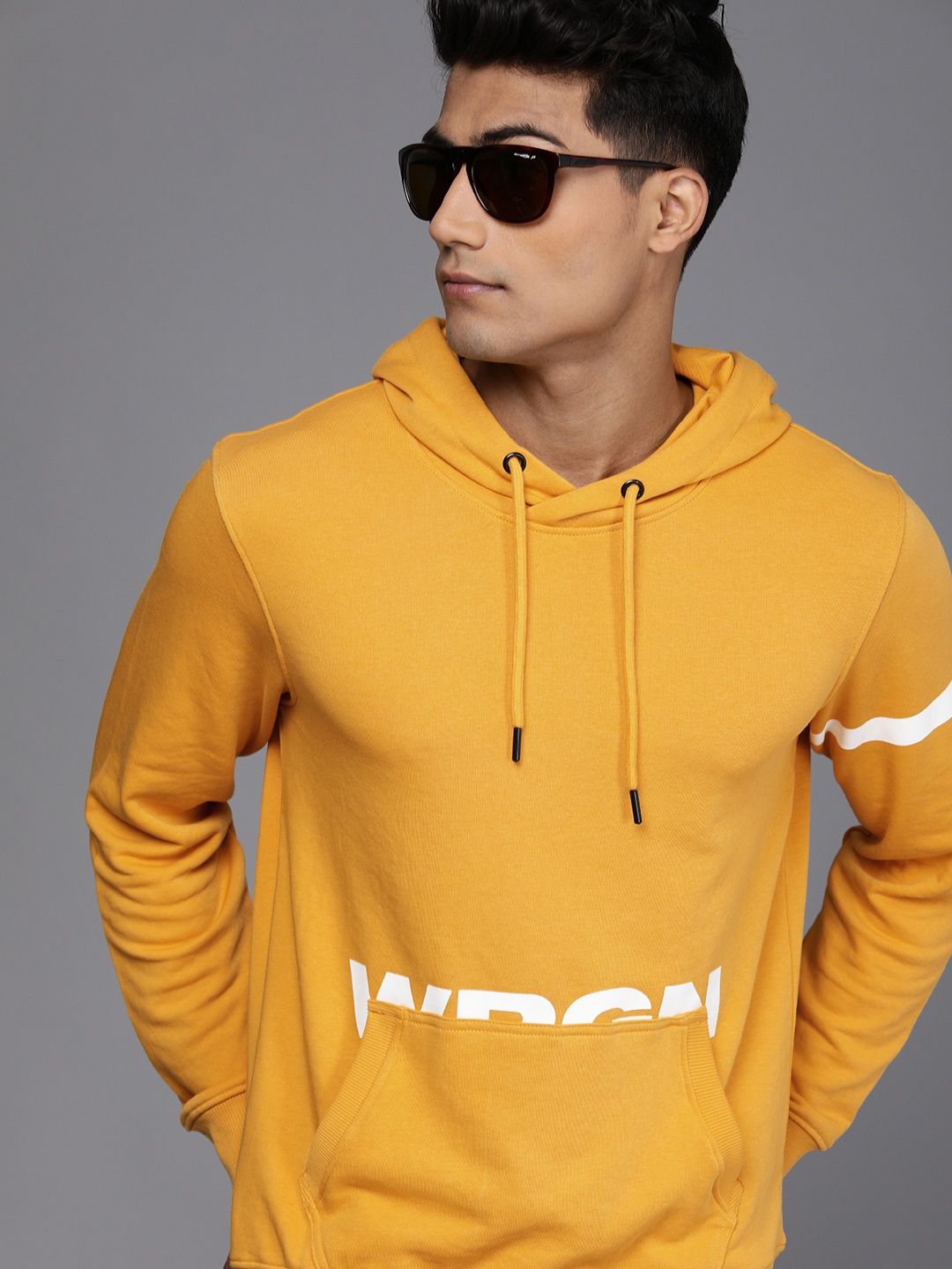 

WROGN Men Mustard Yellow Brand Logo Printed Hooded Sweatshirt