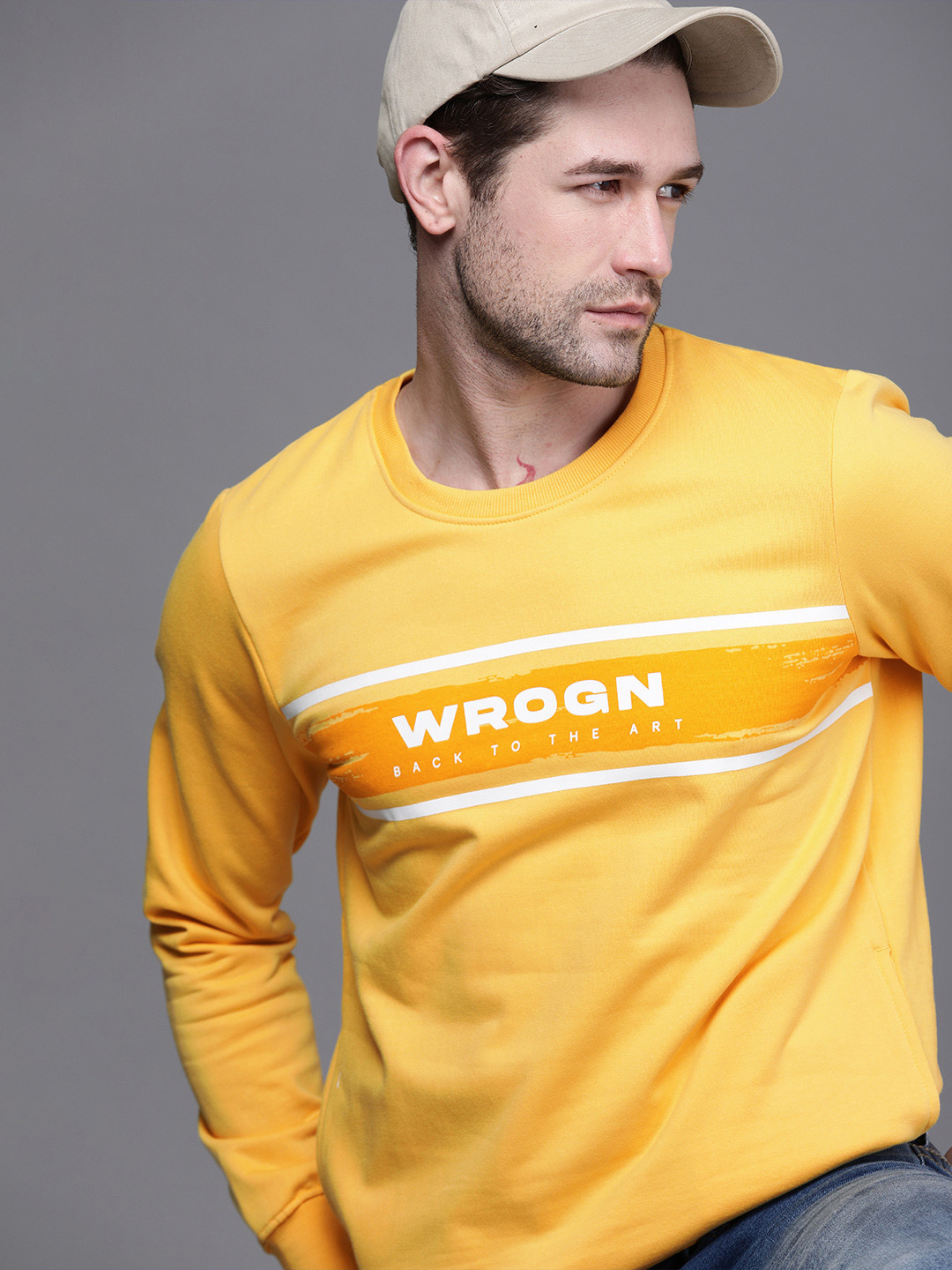 

WROGN Men Yellow Logo Printed Sweatshirt