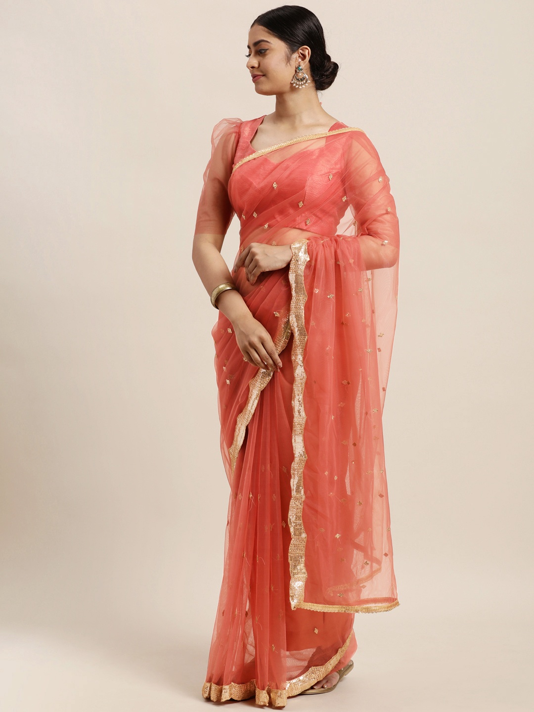 

Janasya Pink Embellished Sequinned Net Saree