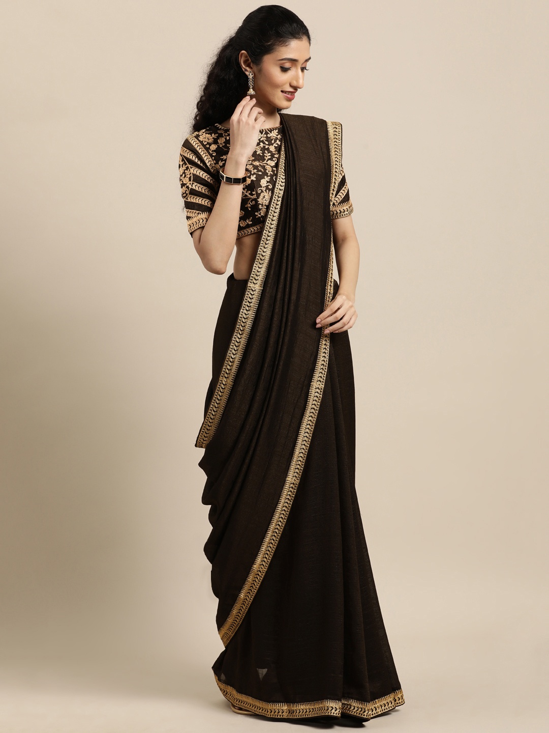 

Janasya Brown Poly Silk Saree