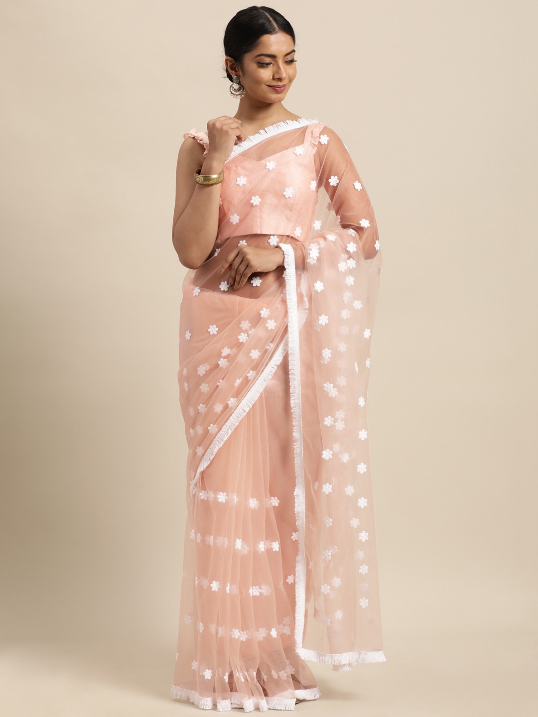 

Janasya Peach-Coloured Floral Embroidered Net Saree