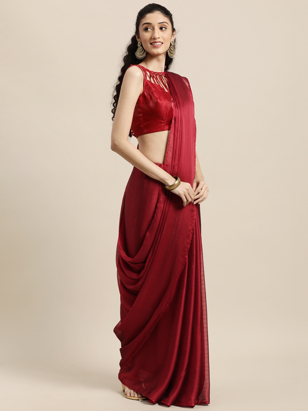 

Janasya Maroon Striped Poly Chiffon Saree