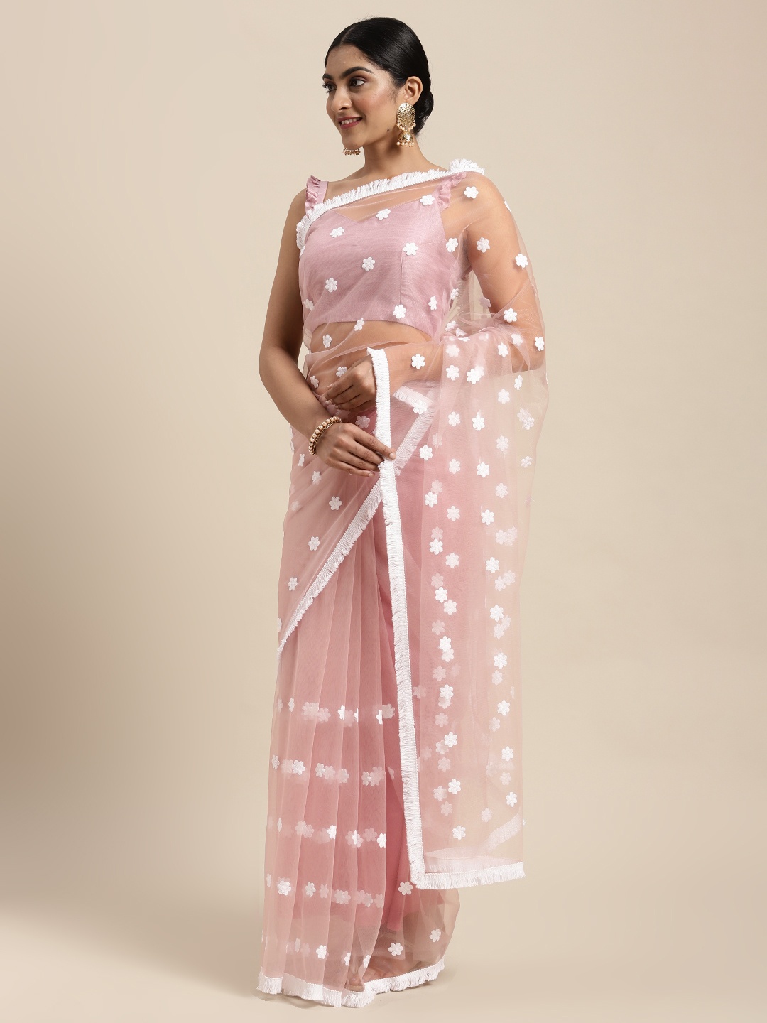 

Janasya Mauve & White Floral Embroidered Net Saree