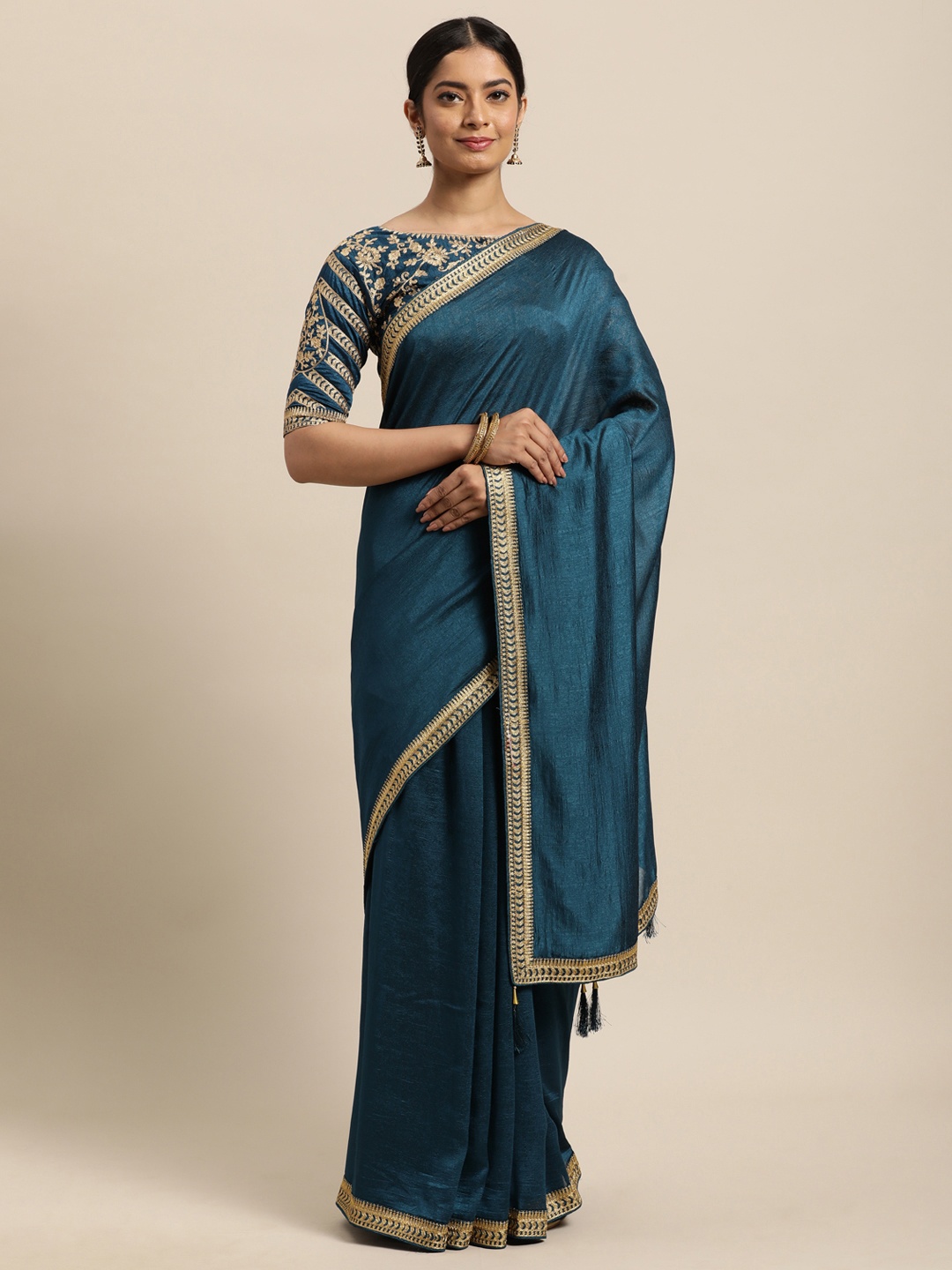 

Janasya Teal Blue Poly Silk Saree