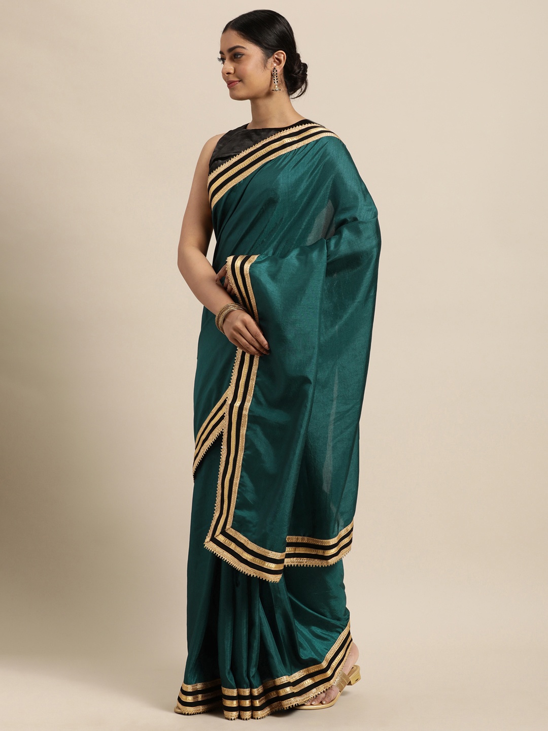 

Janasya Teal Poly Silk Saree