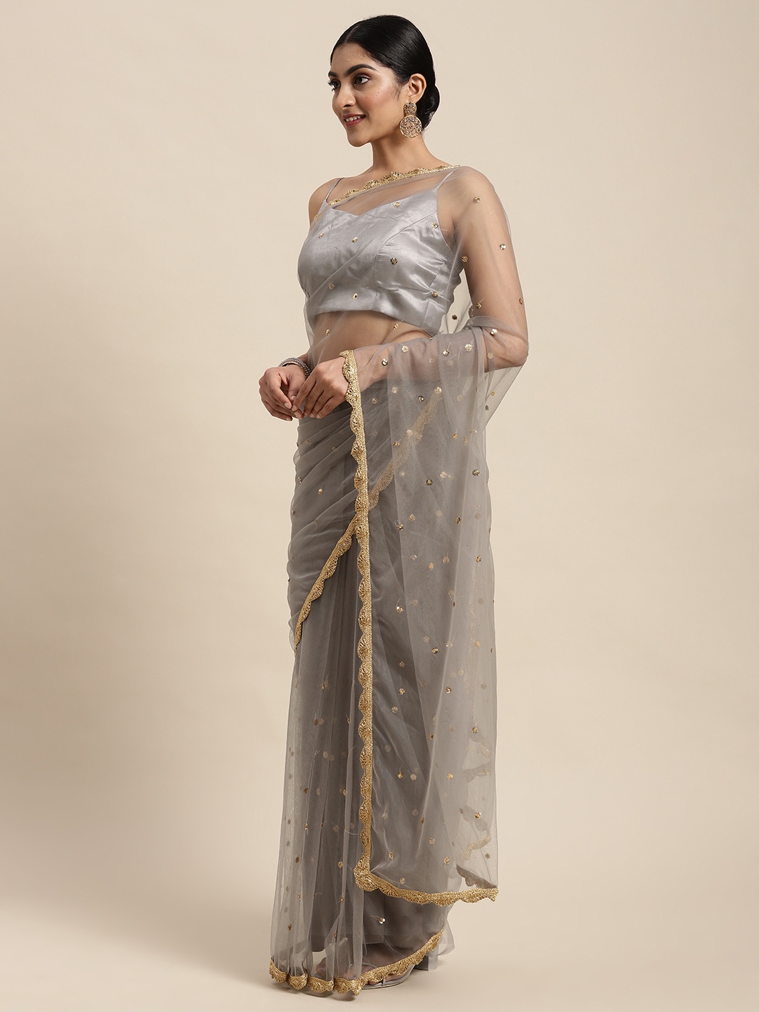 

Janasya Grey Embellished Sequinned Net Saree